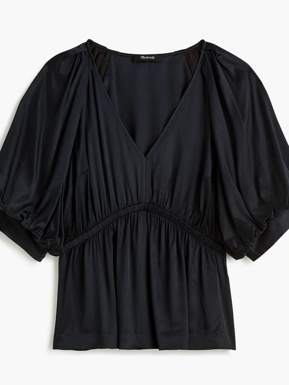 Madewell Black V-Neck Puff-Sleeve Peplum Blouse